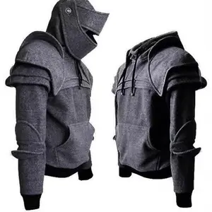 2025 Halloween Hoodie Men Knight Hooded Elbow Guard Drawstring Mask Pullover Kangaroo Pocket Solid Color Jacket Hoodie Cosplay Costume Menswear Sweatshirts Tops Long Beige Grey Plain Clothes(Sheets)