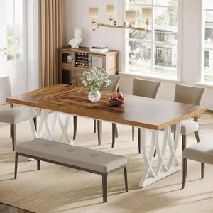 LITTLE TREE Dining Table for 6-8 People, 70.86-Inch Rectangle Wood Kitchen Table, Dinner Table with Heavy Duty Metal Frame for Kitchen, Living Room