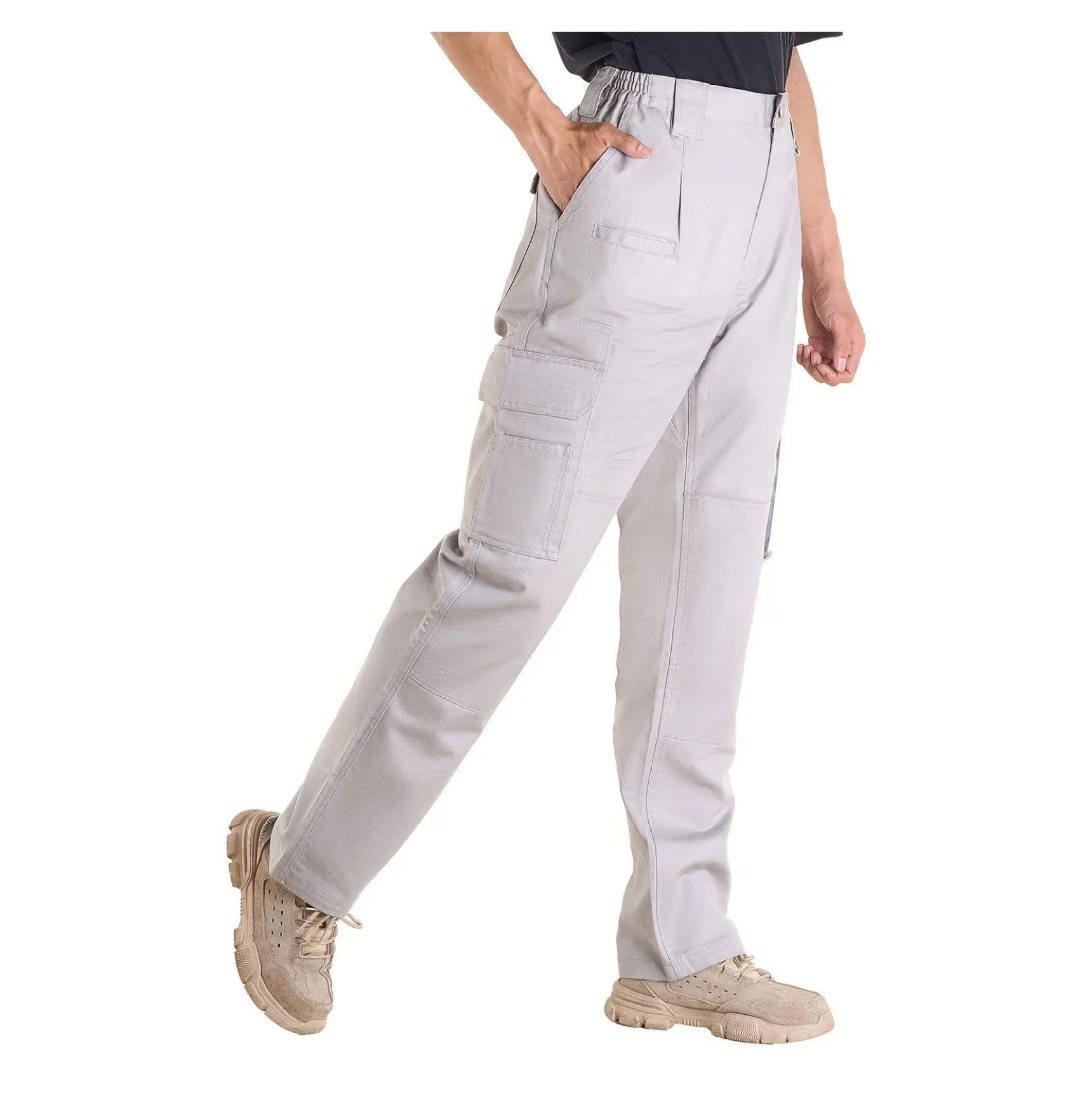 FR Cargo Pants Men Welding Workwear, 9oz Cotton Flame Resistant, Elastic Waist, Multi-Pockets, Reinforced, Tear-Proof, XXL Gray XXL Size
