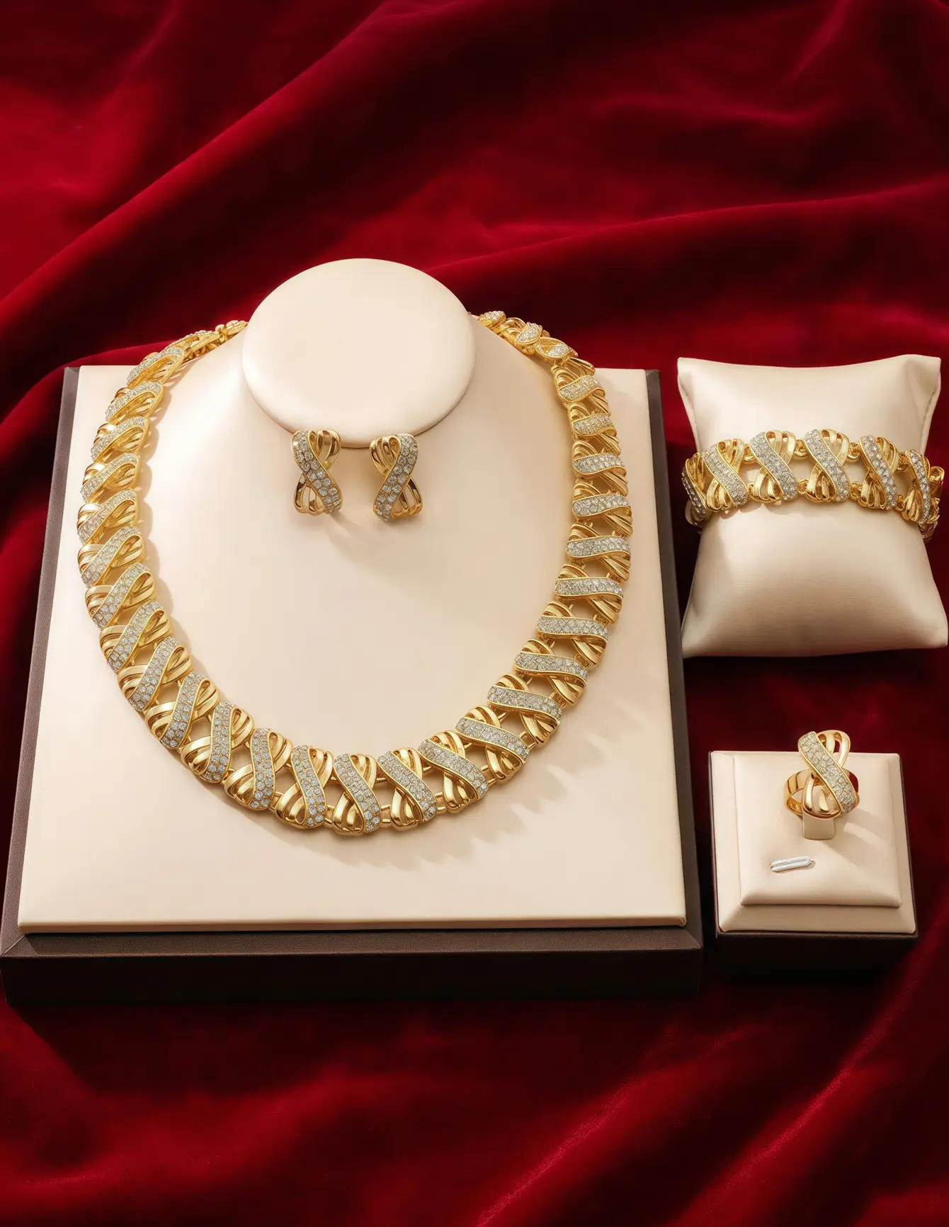 LQ Necklace Jewery set Tired of cheap jewelry that tarnishes? This gold set changed everything Comment “GOLD” if you’re obsessed with this twisted design Infinity Twist Diamond Gold Jewelry Four-Piece Set for Wedding & Gala