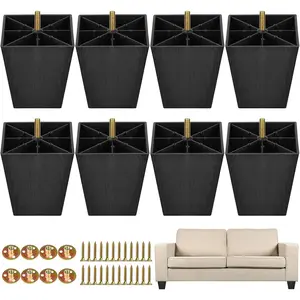 8 Pack 4 Inch Square Tapered Plastic Furniture Legs, Black Replacement Sofa Couch Feet with M8 T-Nuts Screws for Sofas Chairs Cabinets Dressers Beds