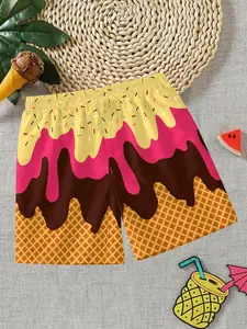 Ice Cream Cone Print Summer Shorts, Boys' Quick-Dry Beach Trunks, Swimming Trunks, Breathable Loose Fit Swimwear, Pool & Vacation Ready