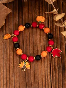 Thanksgiving Creative Maple Leaf Pendant Alloy Bracelet, Unique Letter Pumpkin Beaded Chain, Elastic Party Jewelry Gift Accessory