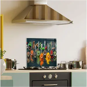 GCKG Herbs and spices for cooking Dark Tempered Glass Kitchen Backsplash, Stove Back Cover, Stove Splashback, Cutting Board, Kitchen Wall Decor