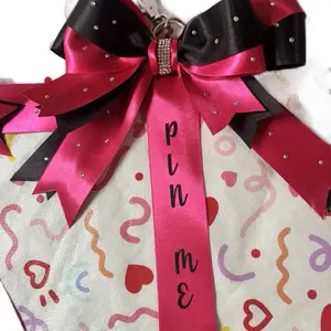 Cheer Pin Me Ribbon Cheer Keychain with Rhinestone, Pink Color, and Black Design, Includes Bag Tag
