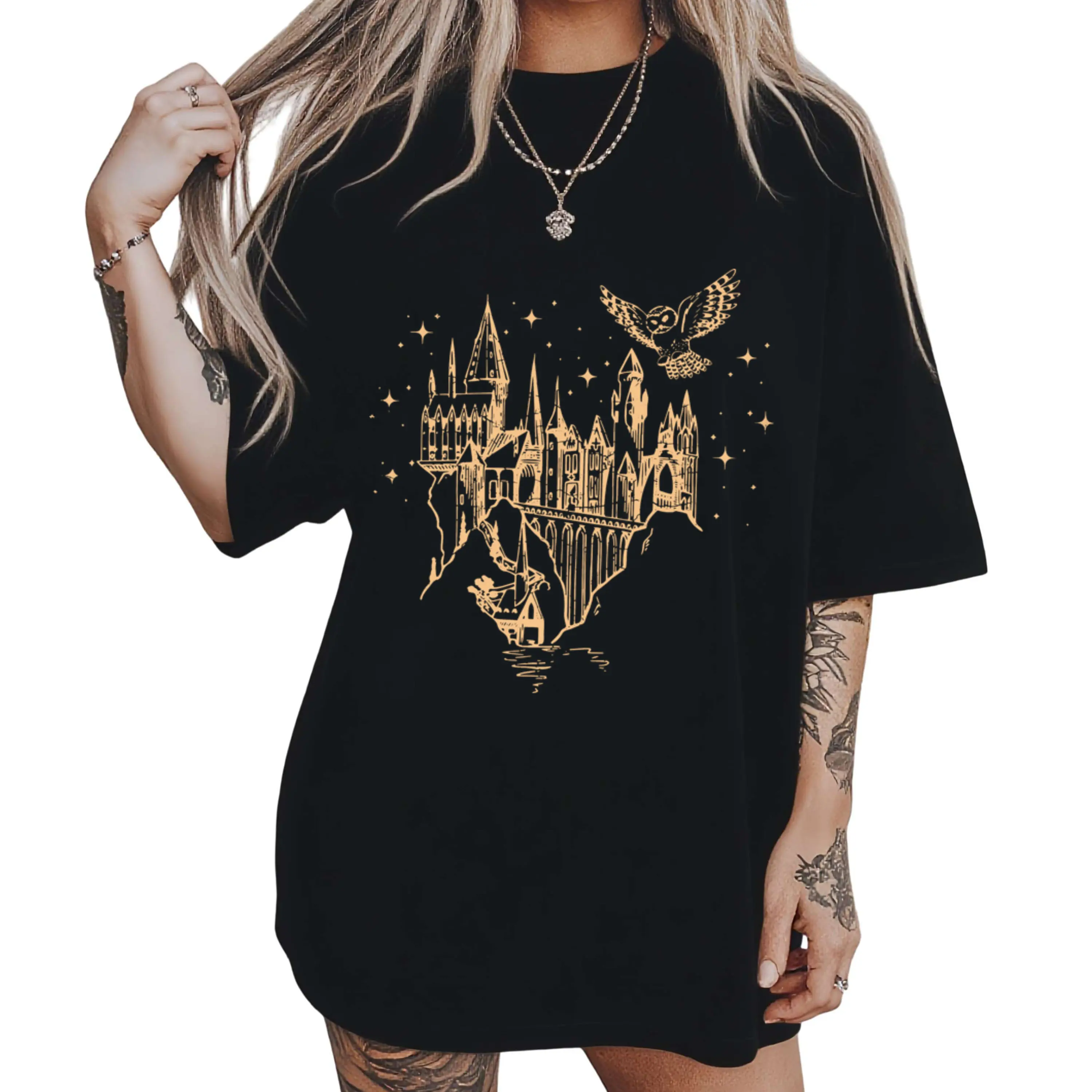 Women's Starry Wizarding Castle Graphic T-Shirt, Casual Short-Sleeve Crew Neck Top in 100% Cotton Fabric, Sizes S-5XL, Tshirt Oversized Womenswear