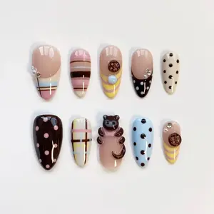 FUNKY MONKEY | 3D Kawaii Press On Nails | Mix & Match Plaid Polka Dot Fake Nails | Craftcore Kidcore Aesthetic | Quirky Almond Button Set 2026