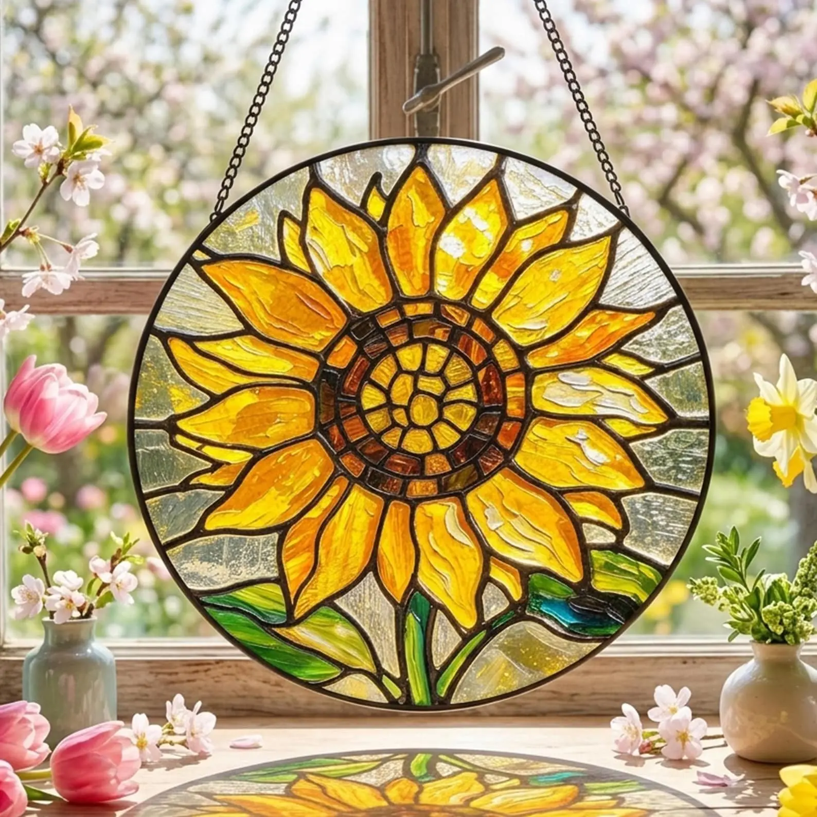 Sunflower Stained Glass Suncatcher: Floral Window Hanging, Botanical Garden Decor