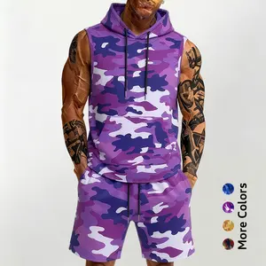 Men's Camo Sleeveless Hoodie Shorts Set Lightweight Workout Outfit Casual Gym Streetwear Athletic Matching Set Summer Outdoor Activewear menswear suit