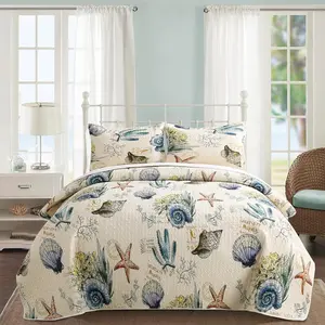 Coastal Quilt Sets King Size - Bedspread 3 Piece Soft Microfiber Lightweight, Ocean Beach Themed Bedding Summer Coverlet Set, Coral Seashell Conch Starfish Pattern with 2 Pillow Shams (Beige)