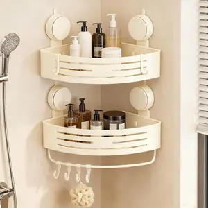 Corner Suction Cup Shower,2-Pack Cream White No-Drilling Aluminum Corner Shower Shelf with Bar and,Detachable and Reusable Organizer