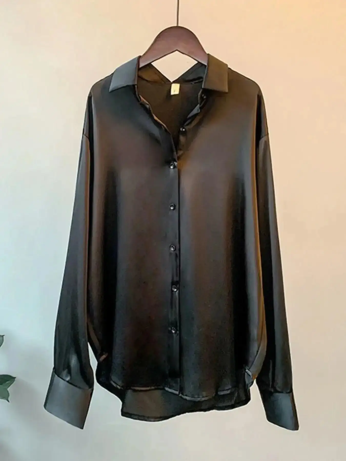 Sleek Long Sleeve Satin Shirt, Buttoned Collared Blouse with Contemporary Style Perfect for Work and Evening Events, Spring Essential Top, polished detail, modern cut, refined casual