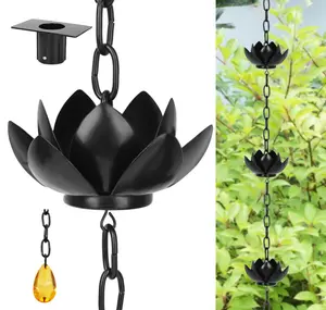 Black Rain Chain for Gutters Downspouts Outside, Black Plated Lotus Rain Chain Cups, Functional and Decorative Replacement for Gutter Downspouts （5 Flowers）