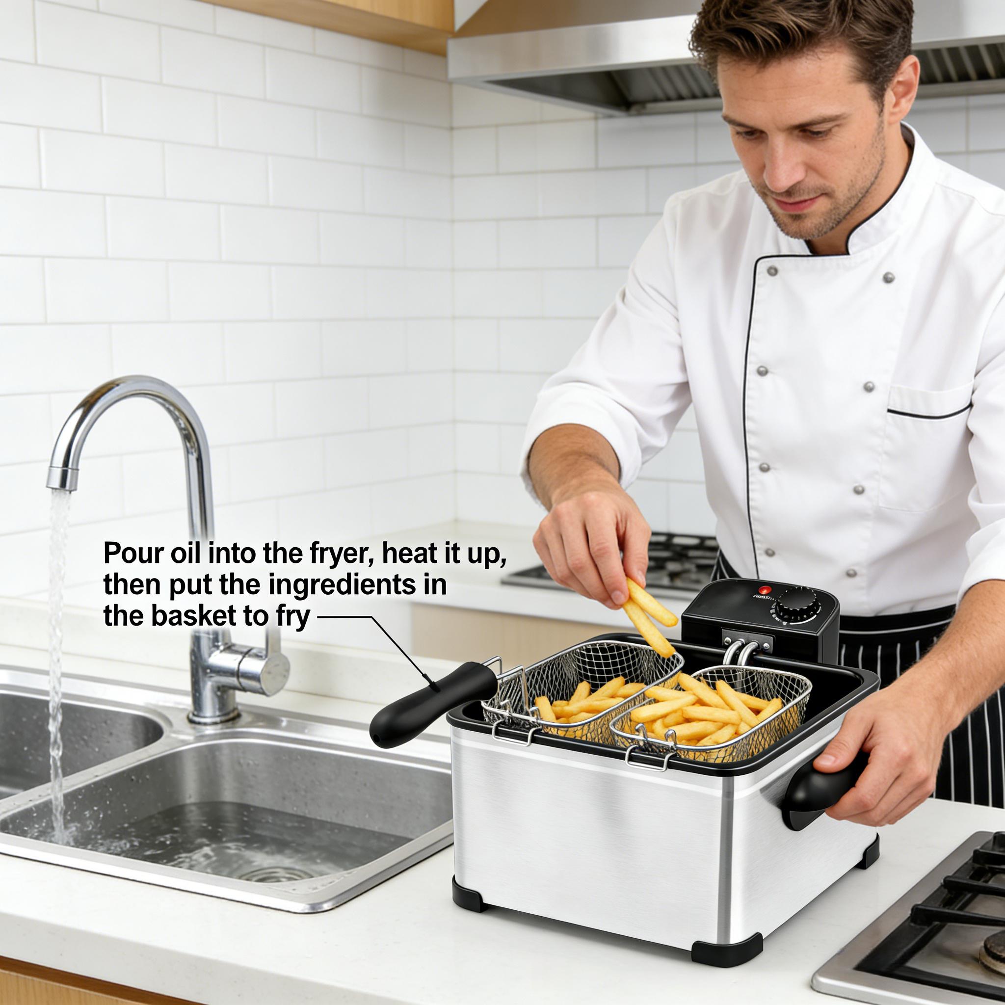 5L stainless steel, 1400 watt electric fryer, 1 large basket and 2 small baskets dual-use - classic stainless steel cookware with cold touch function, American standard three plug 5L stainless steel, 1400 watt electric fryer, 1 large basket and 2 small baskets dual-use - classic stainless steel cookware with cold touch function, American standard three plug