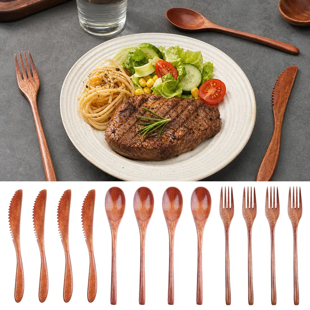 12Pcs Wooden Utensils for Eating, Reusable Wooden Spoon Fork Knife Cutlery Set, Kitchen Dinner Flatware Tableware