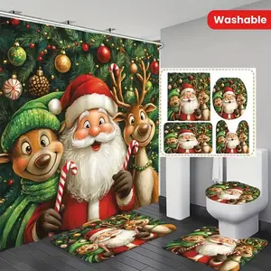 Christmas Theme Santa & Reindeer Shower Curtain Set, Holiday Design, Non-Slip Mat, U-Shaped Rug, Toilet Lid Cover, Includes 12 Hooks