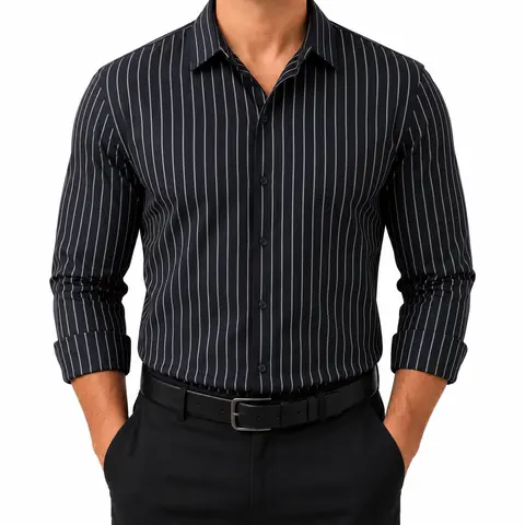 Royaura Men's Thick Stretch Long Sleeve Striped Crew Neck W-Neck Top Shirt - Fitted Cut, Casual Classy Menswear, Business Use, Father's Day Gift