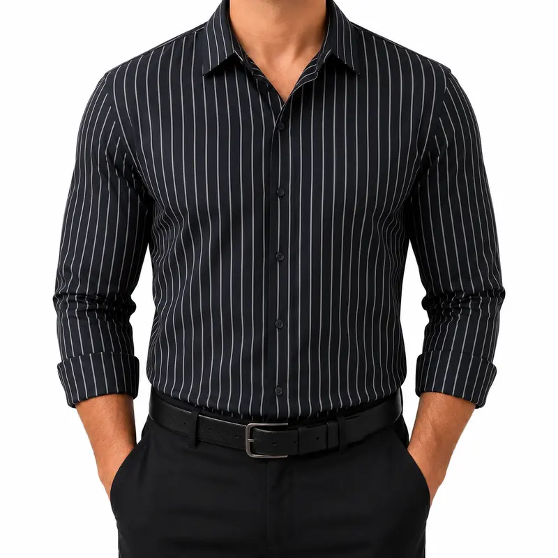 Royaura Men's Thick Stretch Long Sleeve Striped Crew Neck W-Neck Top Shirt - Fitted Cut, Casual Classy Menswear, Business Use, Father's Day Gift