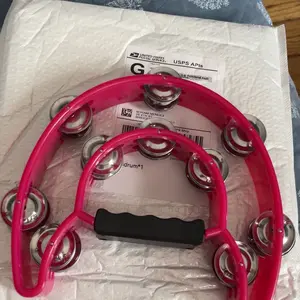 Musical Tambourine Half Moon Double Row Metal Jingles Hand Percussion Drum Ergonomic Handle for Party KTV Pink woman gift