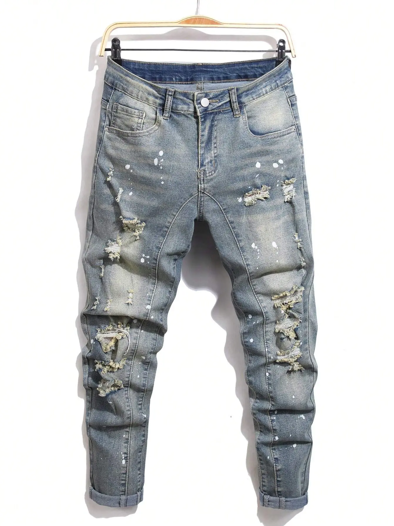 Men's Pocket Paint Printed Casual Jeans, Ripped Jeans, Fashion Street Jeans, High Street Jeans, Wear in All Seasons