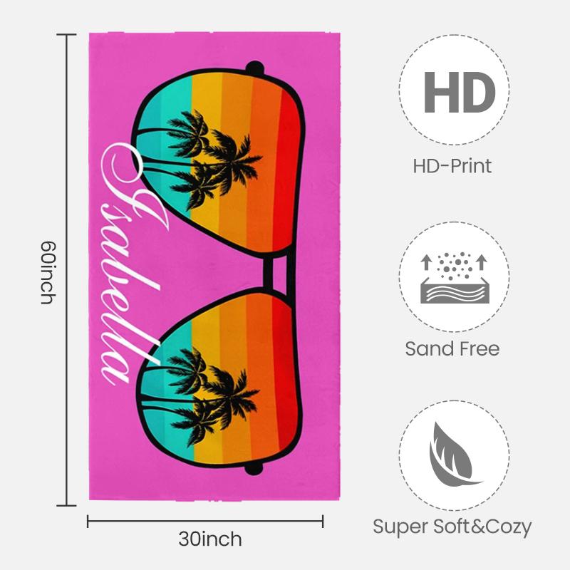 Personalized Retro Sunglasses Beach Towel, Custom Name Summer Palm Tree Pool Towel for Girls Personalized Retro Sunglasses Beach Towel, Custom Name Summer Palm Tree Pool Towel for Girls