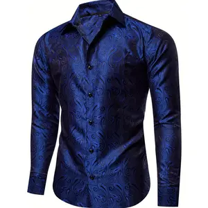 High Quality Men'S Slim Fit Long Sleeve Shirt, Silvery Pattern, Polyester, Non-Stretch, Button-Up, Stand Collar, Casual Fashion, Suitable for Formal and Business Occasions, Spring and Autumn Essential, Retro Style, Adult
