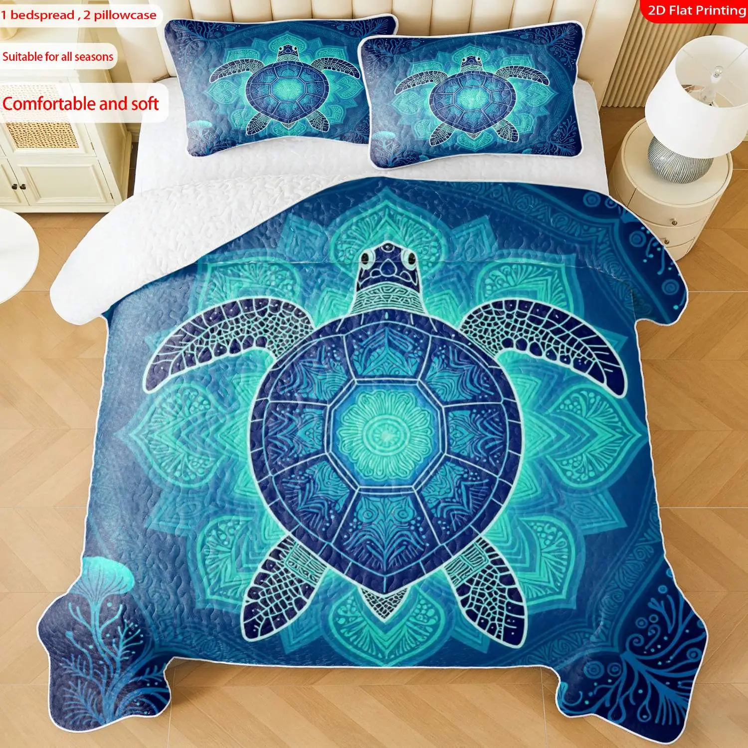 3 pcs, 2D Flat Print Sea Turtle Mandala Bedspread Set, Soft and Comfortable, Multiple Sizes Available, Suitable for Gifting and Daily Use, Ideal for Creating a Cozy Home Atmosphere(1 bedspread , 2 pillowcases), Quilted Bedspread Set, Comfy Bedding Set