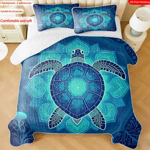 3 pcs, 2D Flat Print Sea Turtle Mandala Bedspread Set, Soft and Comfortable, Multiple Sizes Available, Suitable for Gifting and Daily Use, Ideal for Creating a Cozy Home Atmosphere(1 bedspread , 2 pillowcases)