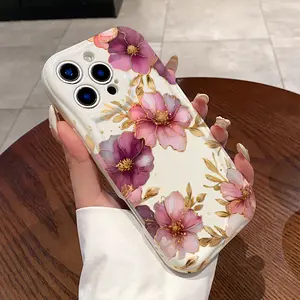 Cream Gold Edge Flowers Pattern Curly Wave Frame Phone Case for iPhone 16 15 14 Pro Max 13 12 11 XR XS Plus Shockproof Non Slip Military-Grade Protection Silicone Cover Cellphone Casing