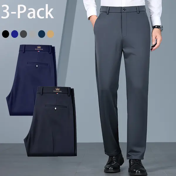 Men’s high-waisted stretch embroidered suit trousers, available in 3-pack/single pack options; wrinkle-resistant, no ironing required, reinforced design, deeper pockets, straight cut, suitable for all seasons, ideal for business and casual wear.