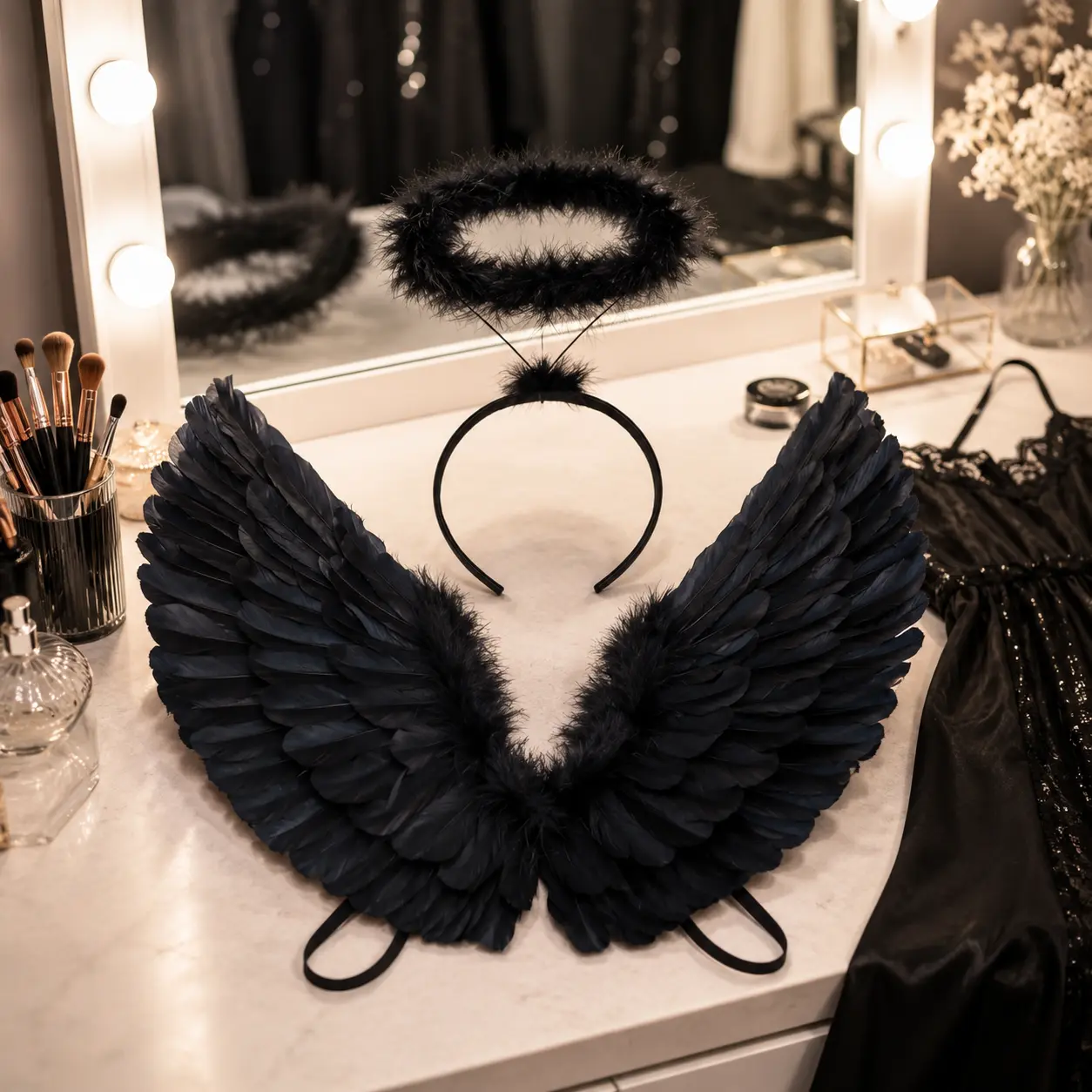 Black Angel Wings & Halo Costume Set for Girls, Kids & Women, Halloween Dress-Up Accessory