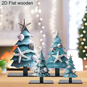 4 Pcs Blue Coastal Christmas Table Decorations, Wooden Ocean-Themed Tree Centerpieces, Xmas Party Gifts, Home Indoor Kitchen Office Room Decor