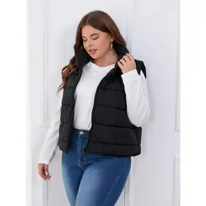Plus Size Solid Color Zip-up Puffy Vest, Casual Sleeveless Warm Vest for Fall & Winter, Women's Plus Size Clothing