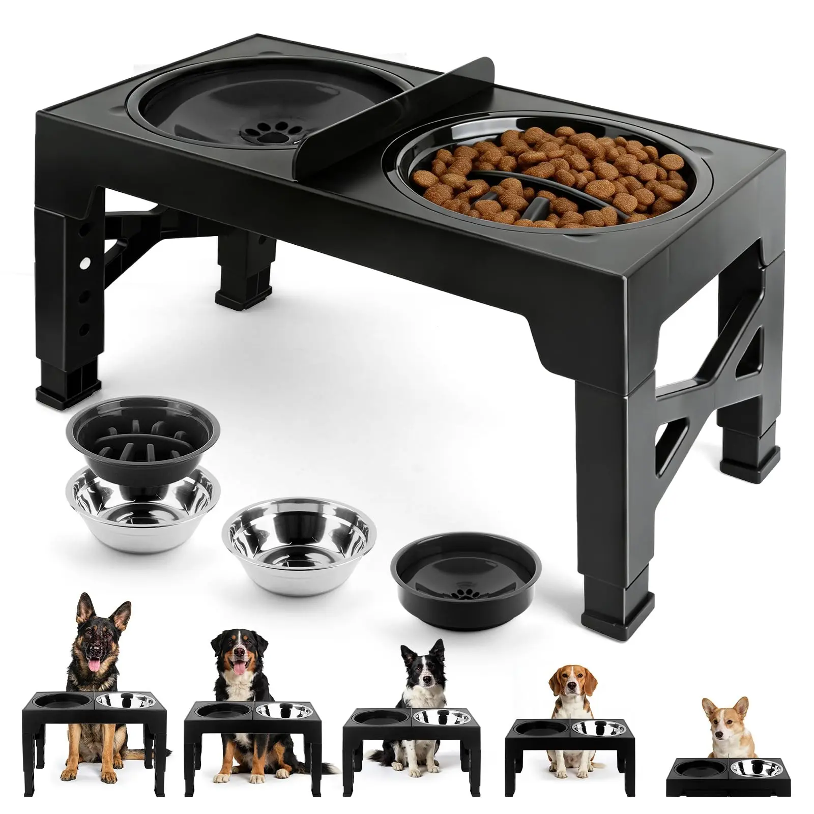 4-in-1 Elevated Pet Feeder 5-Level Adjustable with Slow Feed Bowl, Stainless Steel Dish, Water Tray, Foldable Stand for Small, Medium & Large Dogs