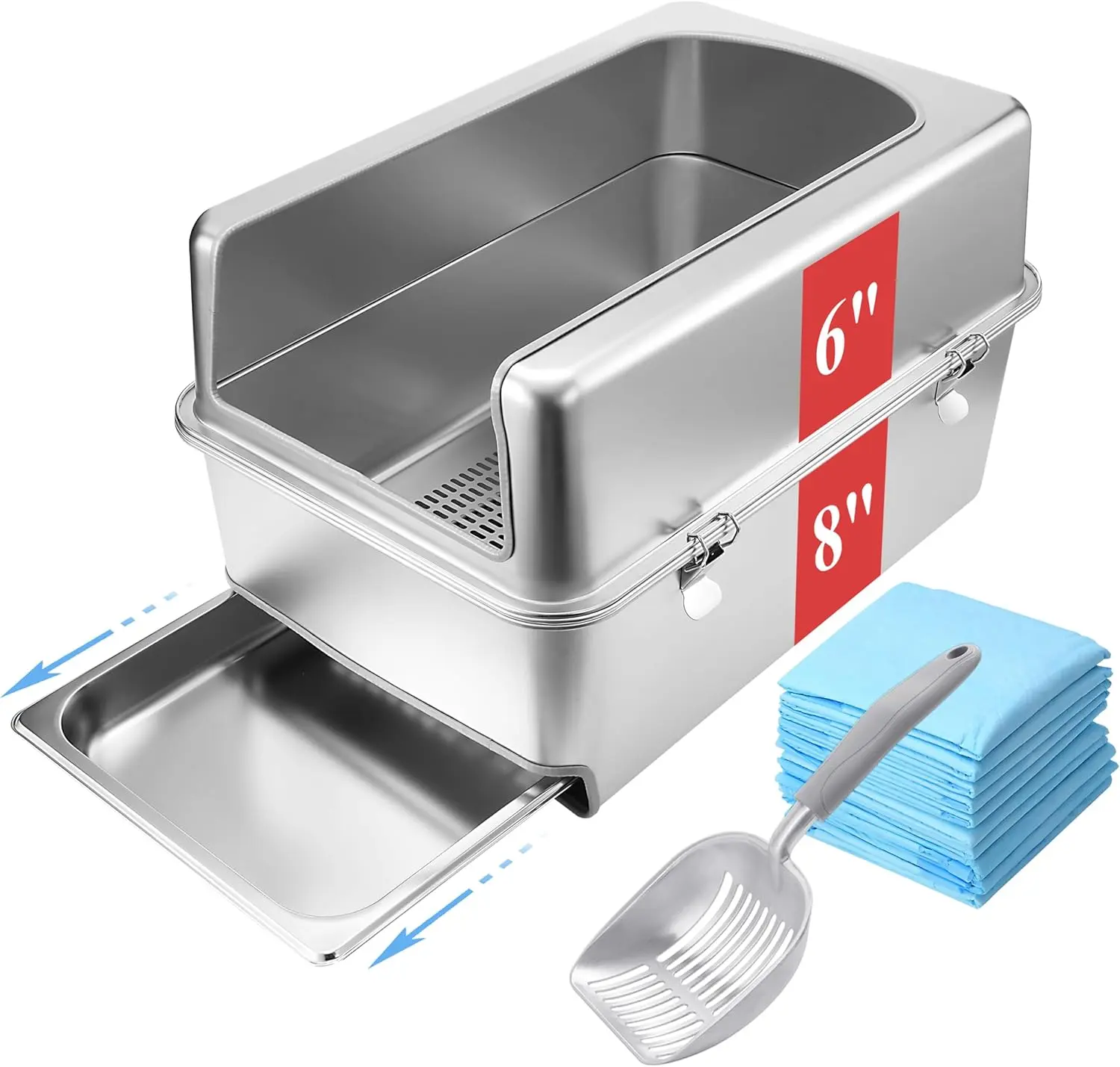 Pull-Out Sifting Cat Litter Box with Lid for Pine Pellets (."L x .W x " H), Durable Construction, Odour Control, Stainless Steel, Litter Tray