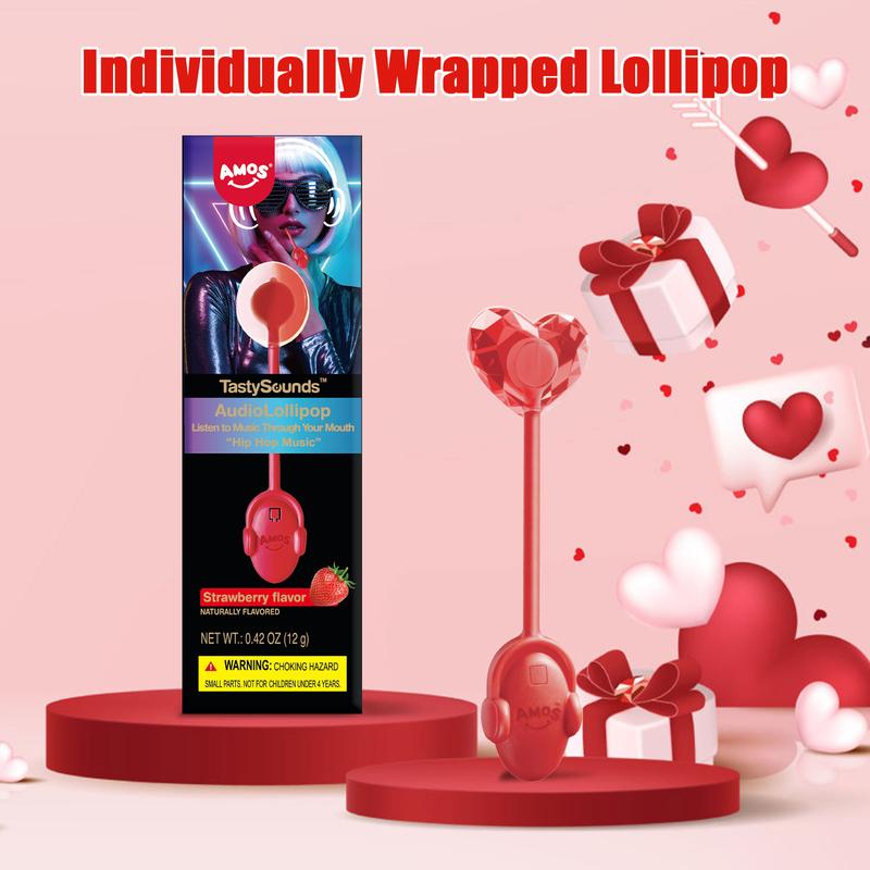 AMOS TastySounds Audio Lollipop Candy Gift – Heart-Shaped Music Lollipop, Sweet Strawberry & Berry Flavors, Cute Tech Candy, Romantic Creative Gift, Individually Wrapped Surprise