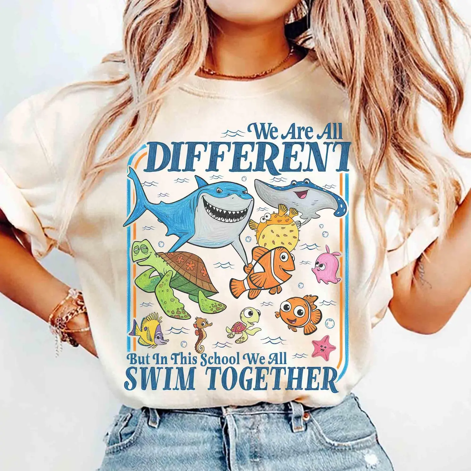 We Are all Different But in This School We all Swim Together Quotes T-shirt, Magic Kingdom Finding Nemo Characters Group Tee, autism acceptance Tee
