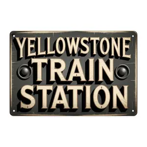 Yellowstone National Park Train Station Tin Sign, Vintage Western Railway Metal Sign Print Aesthetic Room Decoration for Home Bedroom Kitchen Bar Coffee Bathroom Indoor Outdoor Wall Decor, 8 X 12 IN