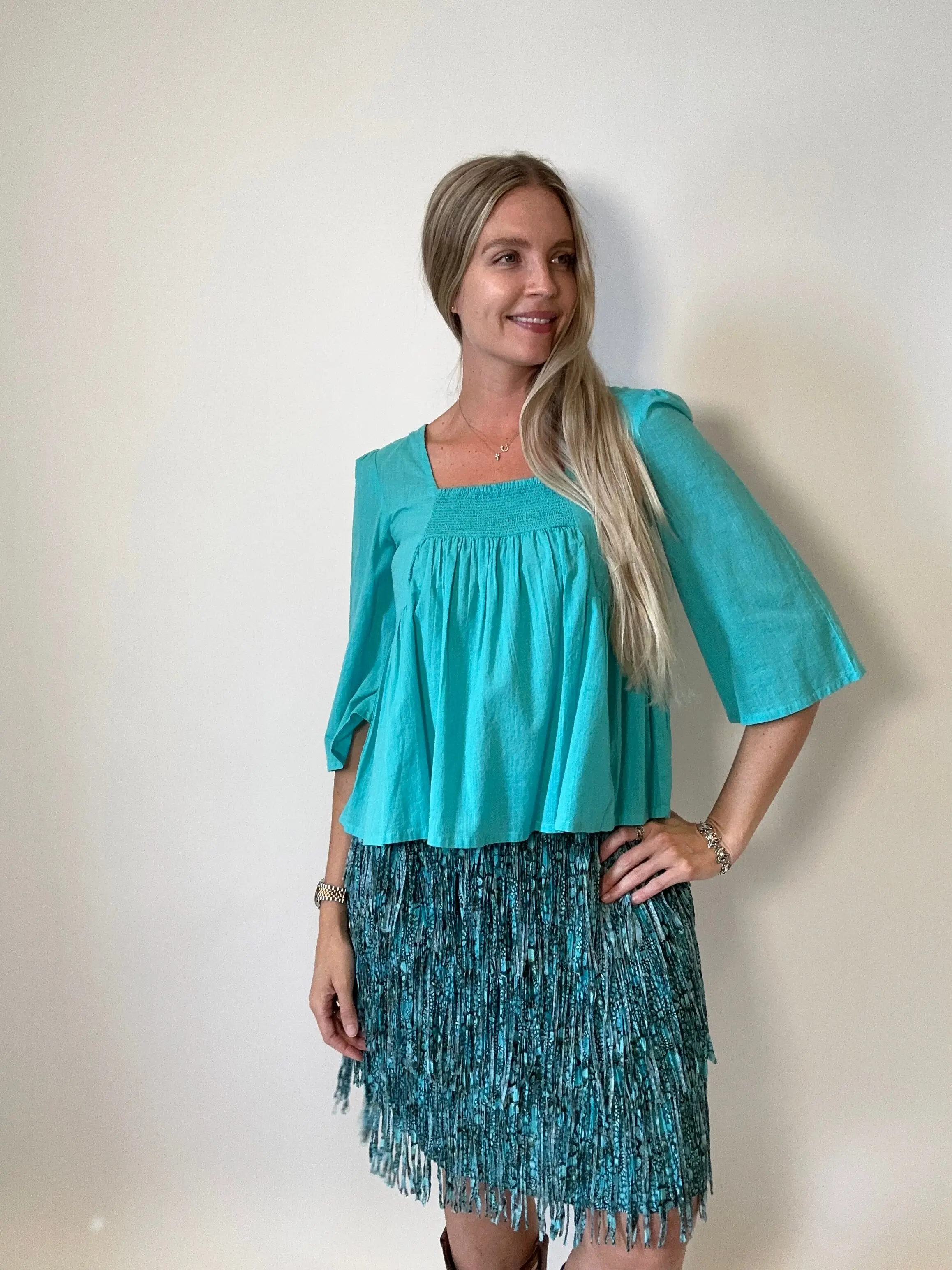 Turquoise Floral Midi Fringe Skirt