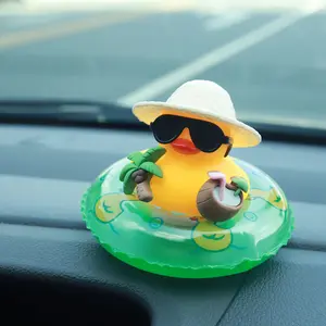 Summer Duck Car Decoration, Tropical Beach Dashboard Statue with Coconut and Buoy Ring, Non-Slip Car Interior Accessory, Fun Gift for Friends