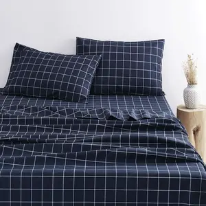 - Geometric Bed Sheets, 4- Sheet Set, Checkered Grid Plaid Check Checker Ggham Preppy Aesthetic Beddg, Deep Pocket, Navy Blue,  Size