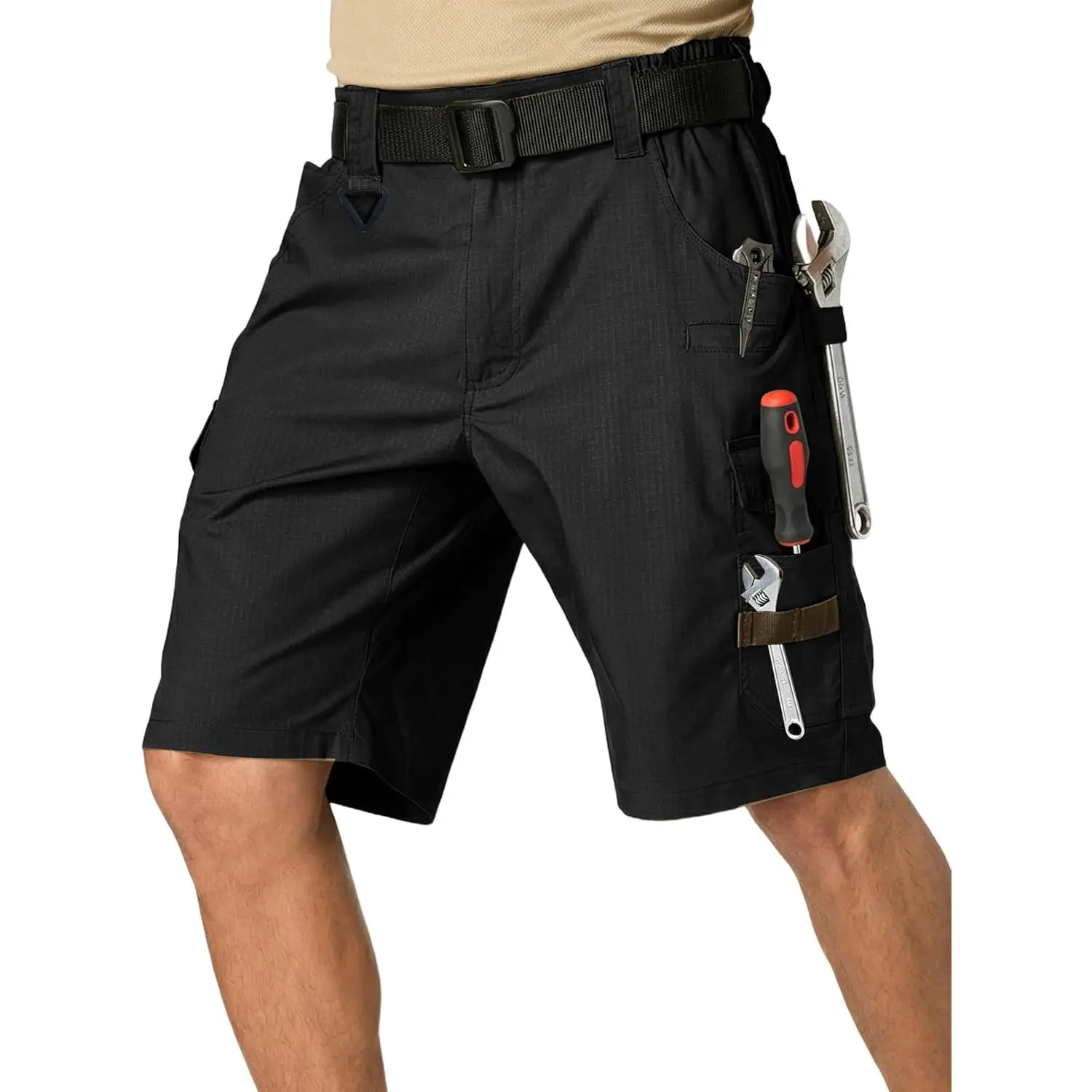 Men's Technical Cargo Work Shorts with Button Closure, Ripstop Fabric with 14 Pockets, Water-Resistant for Construction & Hiking, Construction Workers, Hiking / Light Outdoor, Technical Men's Shorts, With Pocket Men's Shorts