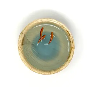 Hand Painted Koi Painted on Layers of Resin Glow in the Dark in a Palm Leaf Bowl Home Decor