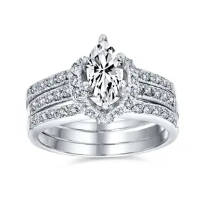2CT Solitaire Marquise Cubic Zirconia Halo Engagement Ring Set Enhancer Band .925 Sterling Silver