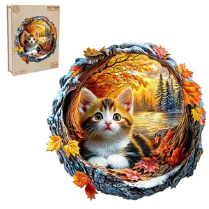 Kitten in Autumn Wooden Jigsaw Puzzle for Adults and Kids Unique Shape Animal Wood Puzzles Challenging Puzzle, Family Game Creative Gifts，Laser-Cut Durable HDF Wood Puzzle