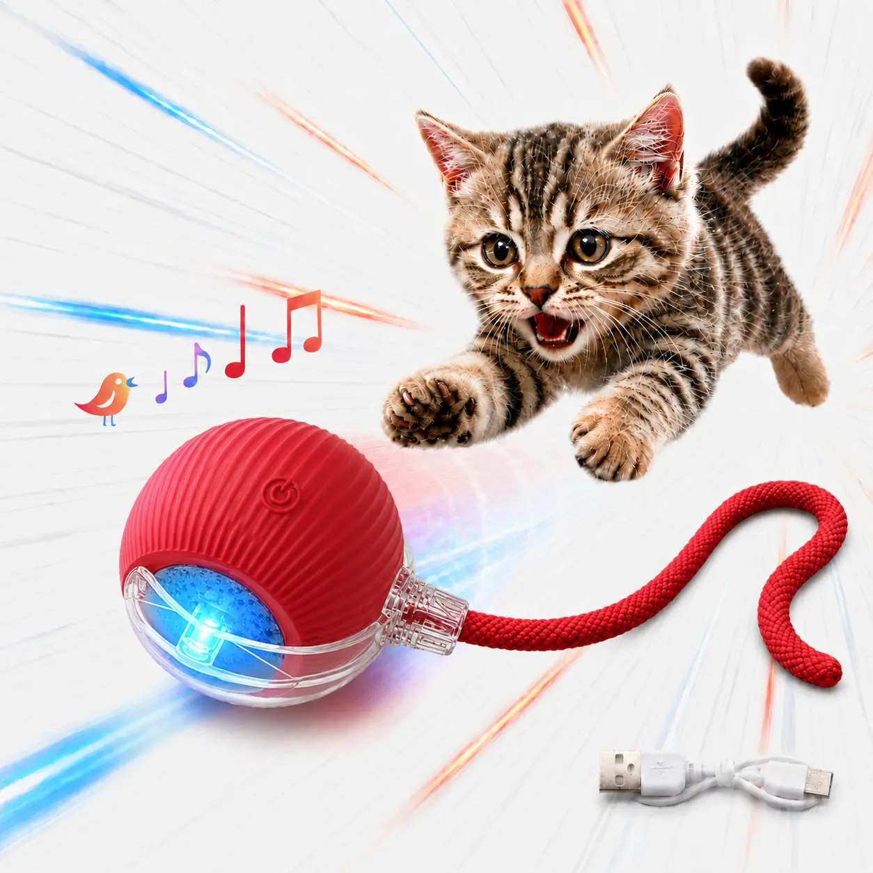 Interactive Cat & Dog Ball Toy - USB-Rechargeable Motion-Sensing Smart Toy with Tail, Light, Bird Sounds, Chew Resistance for Indoor Play, Mental Stimulation, Anti-Depression Cat Gift
