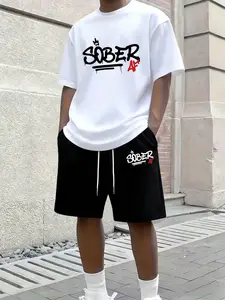 KING Letter Crown Print Pattern-Men's Clothing 2pcs Set-cotton Short-sleeved T-shirt and Polyester Shorts, Smart-Casu...