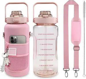 64oz Half Gallon Water Bottle – Leakproof Bottle with Straw, Time Marker & Sleeve for Gym, Fitness & Daily Use