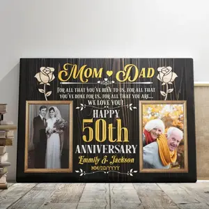 2D Flat, Personalized Custom Couple's Photo & Text Canvas Wall Art - 50th Wedding Anniversary Gift Suitable for Parents, Mother's Day, Father's Day - Hand-Stretched Gallery-Quality Framed Picture with Fade-Resistant Inks, whimsical home decor