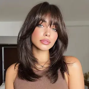 Jessie's Wig [Monica] Dark Brown Straight Layered Cut Wig With Curtain Bangs Smart-Fit Pull Go Glueless 6x5 Pre Cut Lace Wig Human Hair